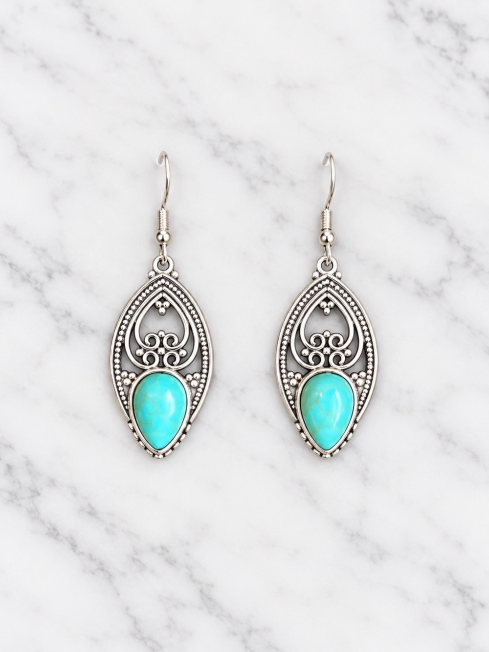 Turquoise Teardrop Filigree Dangle Earrings - Silver Tone